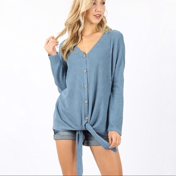 Waffle Knit Knot Front Sweater -Hunter Green 23003 - Picture 5 of 8